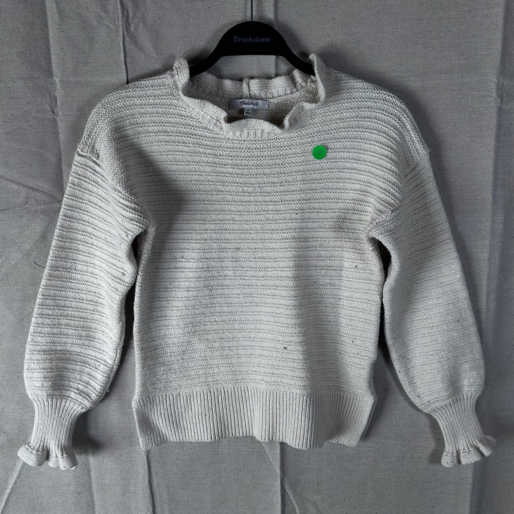 Madewell Womens Small Cream‎ Ruffle Neck Cuff Ribbed Knit Sweater Merino Cotton